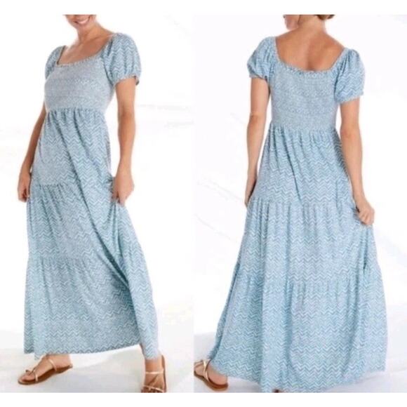 Daily Practice Anthropologie Blue Smocked Stretch Tiered Maxi Dress Size XL - Picture 1 of 10